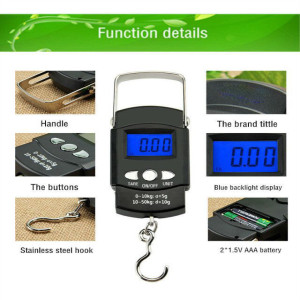 50kg/110lb-10g Digital Fish Scale Electronic Scale Portable Express Luggage Weight Hanging Scale with 1m Measuring Tape